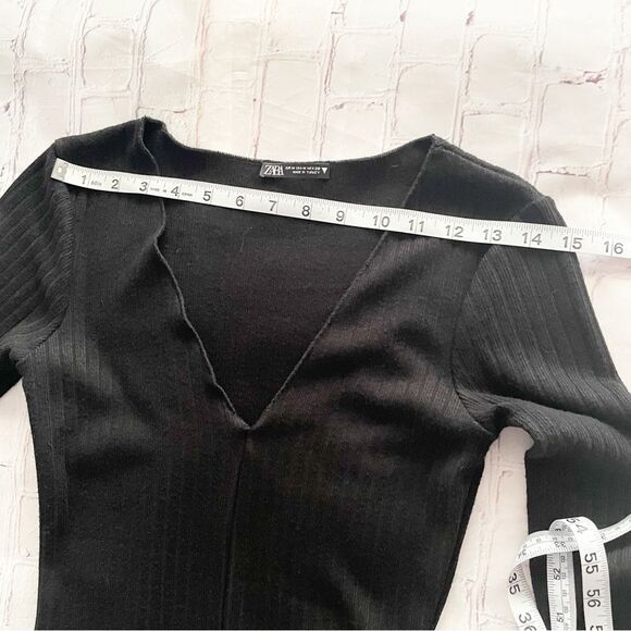 ZARA Black Ribbed Knit Sweater Midi Dress – Long Sleeve V-Neck with Front Slit M - Picture 5 of 14